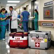 Medical courier specimen and urgent delivery cases in a hospital setting with healthcare staff