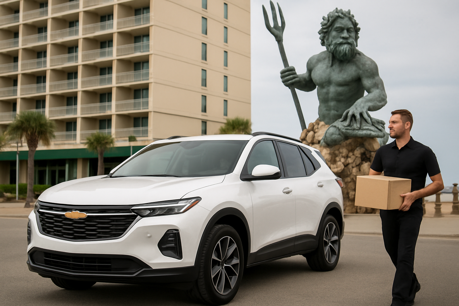 King Neptune Statue at the Oceanfront with a courier