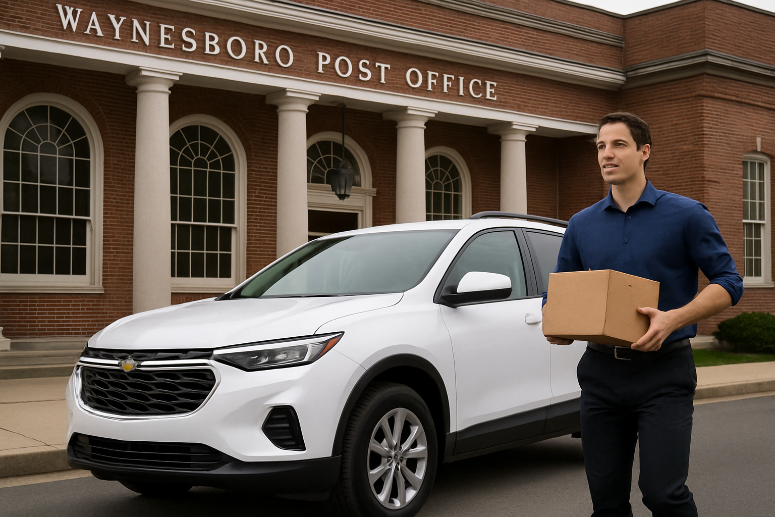 I need a real looking photo of a 2025 model year Chevy Equinox white that is in front of a popular and very recognizable landmark in Waynesboro VA In-1