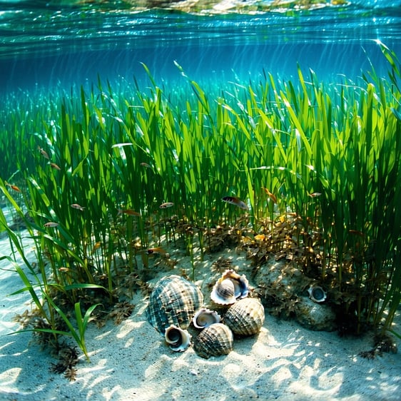 Picture of oysters and sea grass both helping the environment