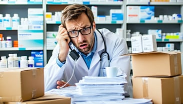 Frustrated medical professional on the phone dealing with delayed courier delivery