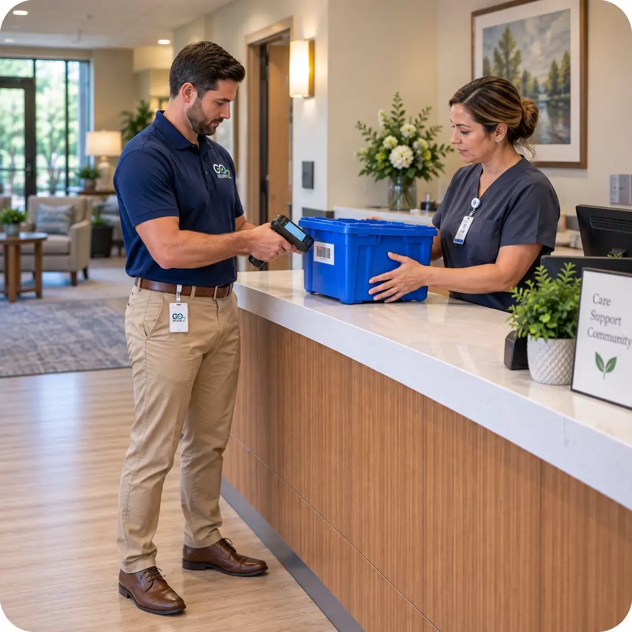 Courier handing a blue medication tote to a clinician at a facility reception desk.