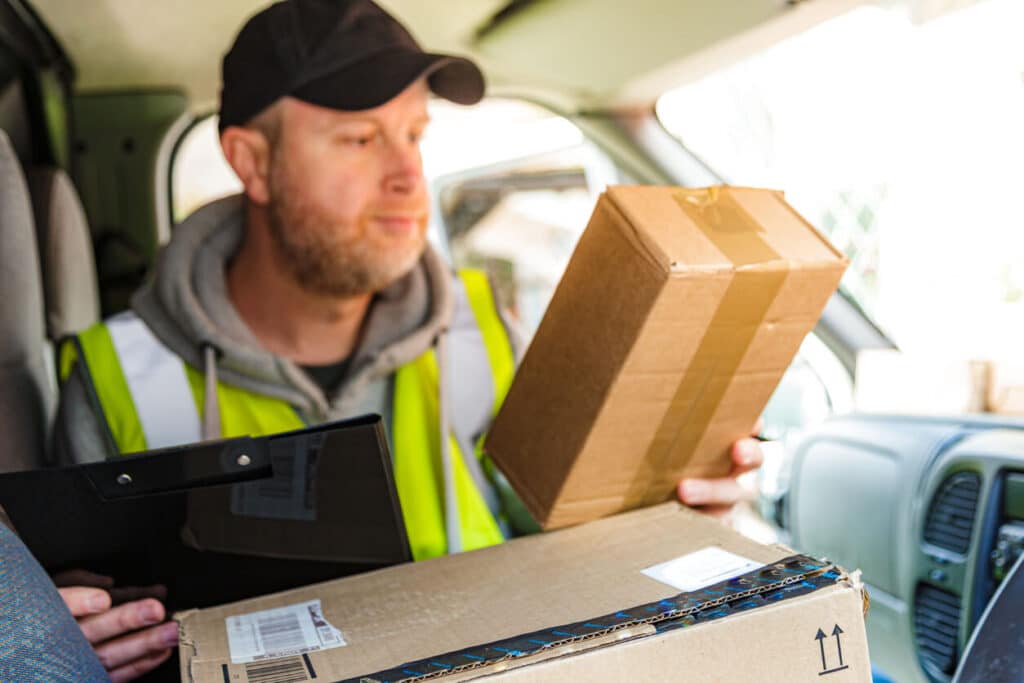 Portrait of a male delivery driver at during the final-mile delivery process. He is sitting in his van with parcels on the seat and on the dashboard. 