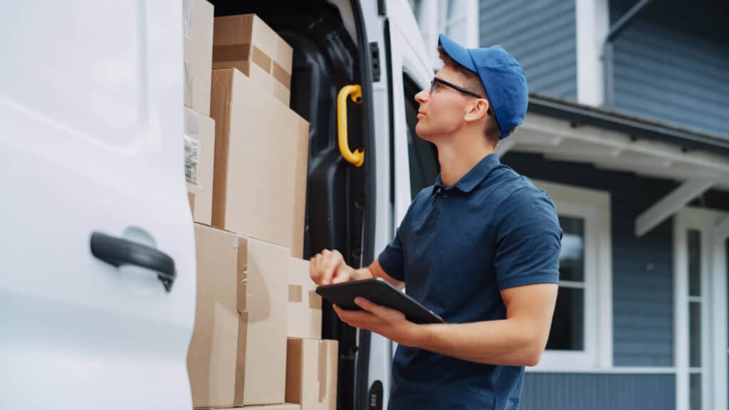 Courier using tablet computer next to open delivery van side door with cardboard parcels.
