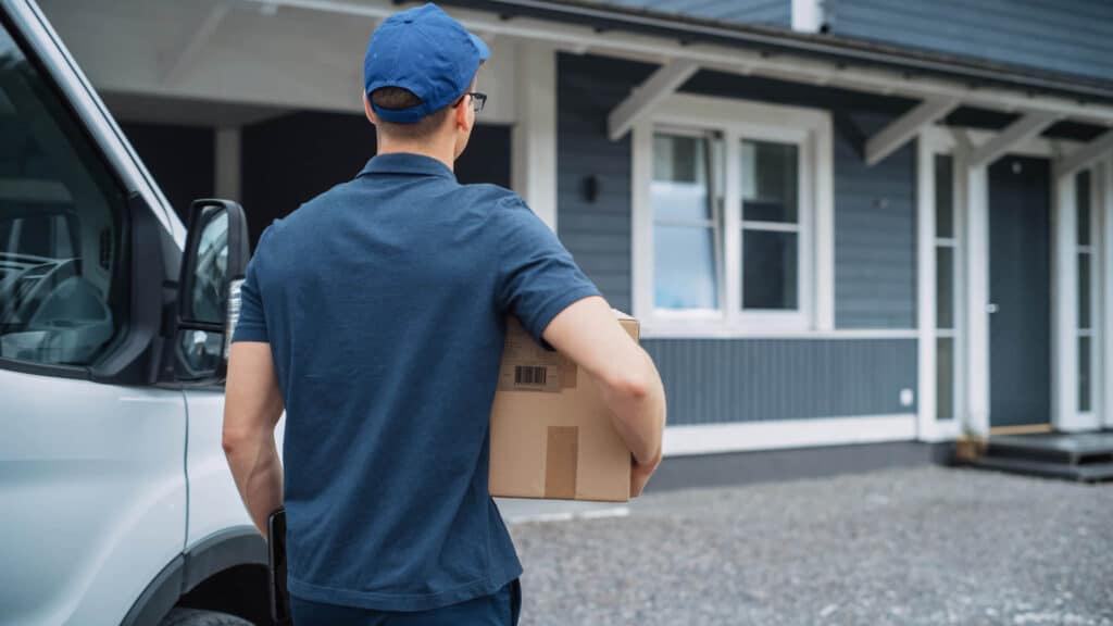 Young man working as a courier. He’s removing a cardboard box from a white delivery vehicle and walking toward a home.
