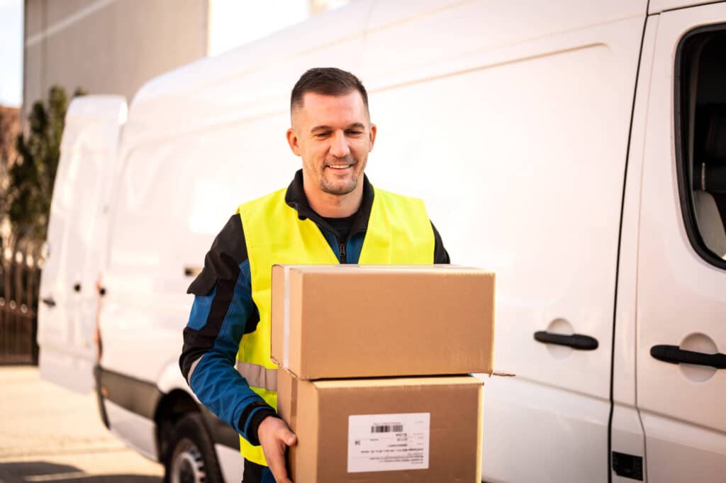 Delivery worker unloading packages from a delivery van