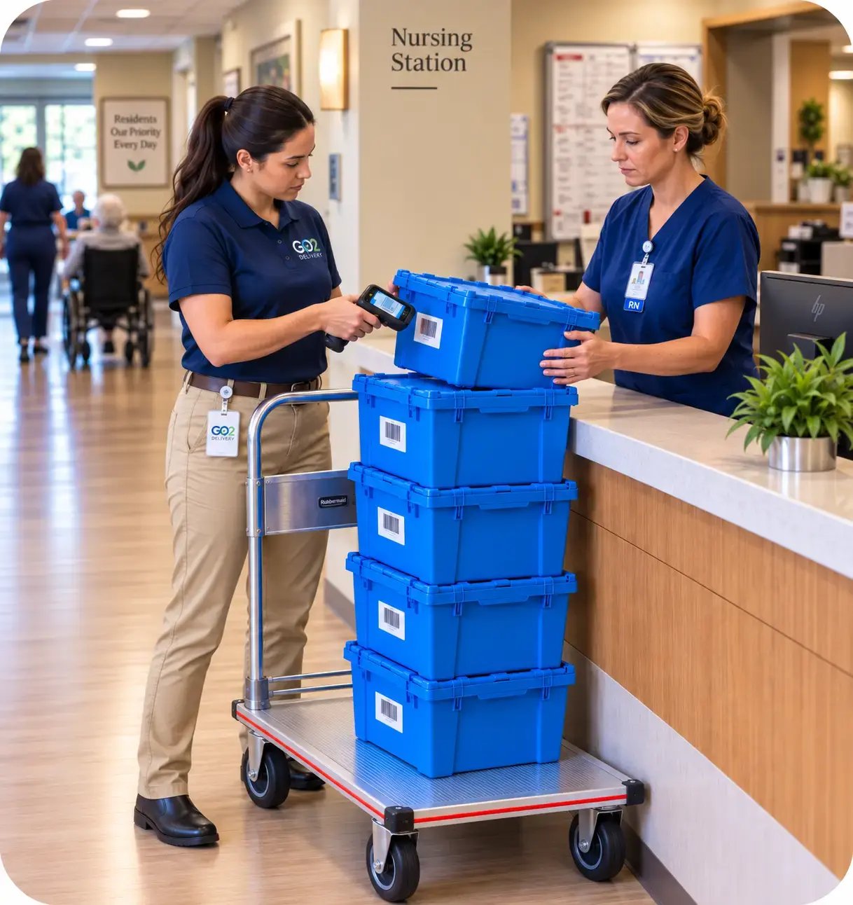 Courier in a navy GO2 polo scanning medication totes at a care facility nursing station.