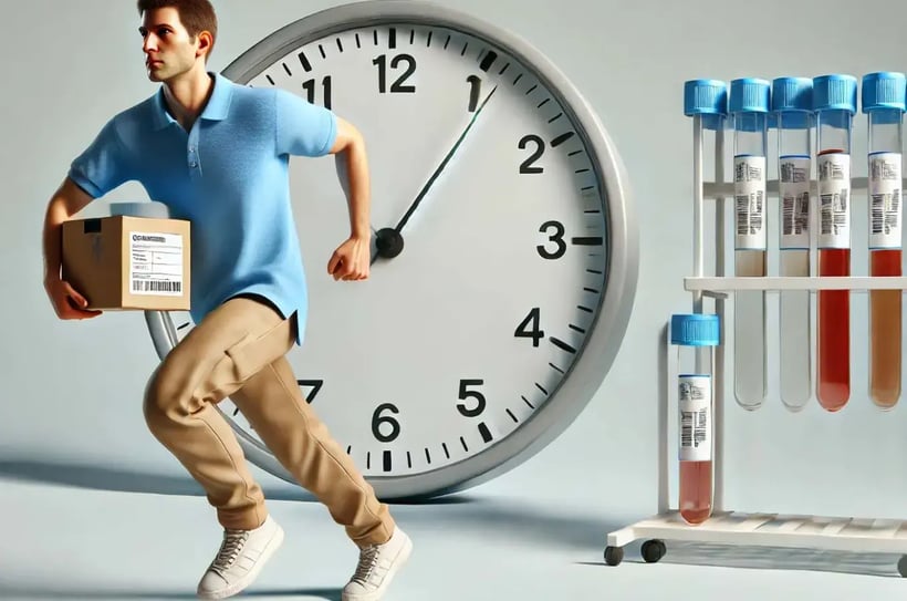 cartoon of man running with box in front of clock