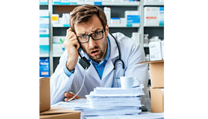 Frustrated medical professional on the phone dealing with delayed courier delivery