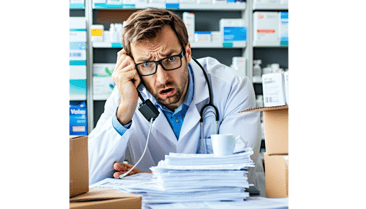Frustrated medical professional on the phone dealing with delayed courier delivery