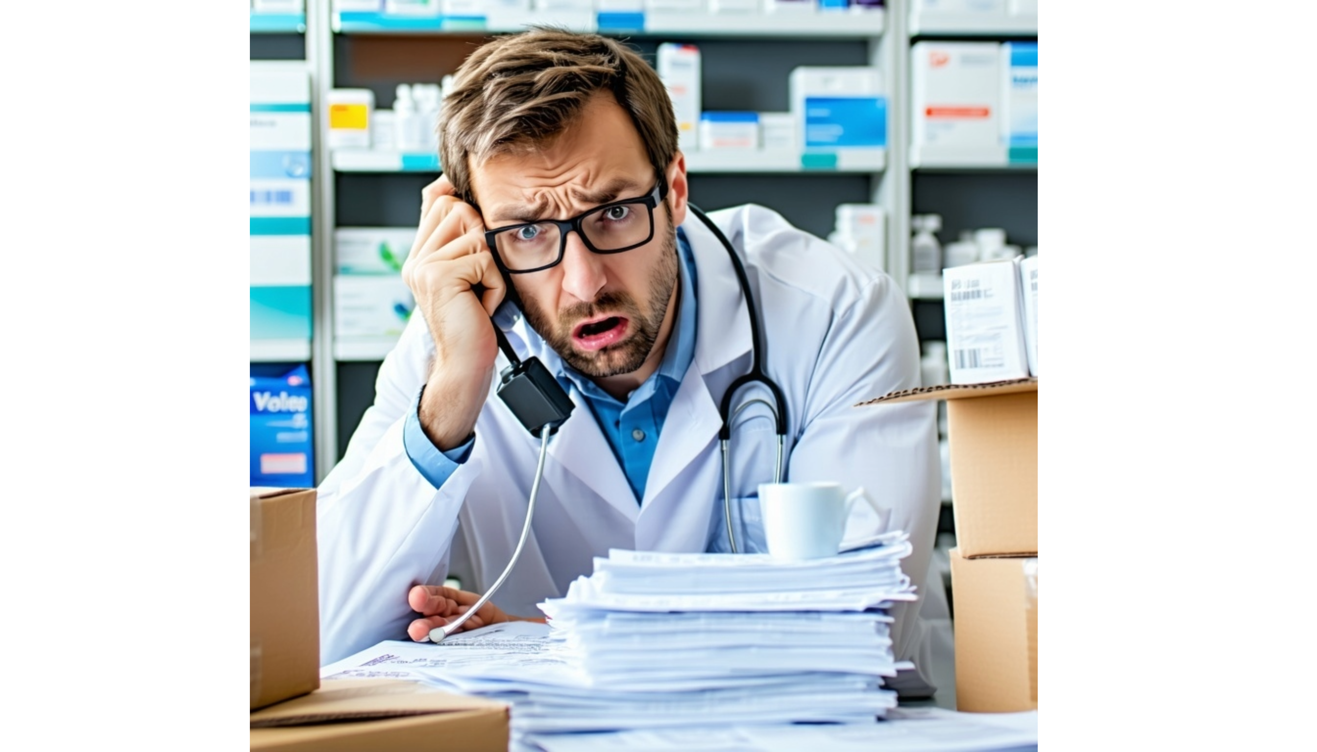 Frustrated medical professional on the phone dealing with delayed courier delivery